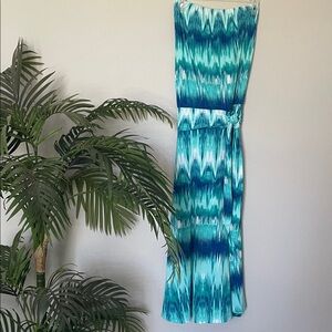NWOT Veronica M Strapless Maxi Turquoise and Navy Dress with Knotted Belt